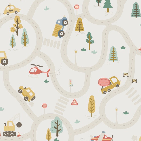 Papel pintado INFANTIL VEHÍCULOS Y CARRETERAS CREMA 14080