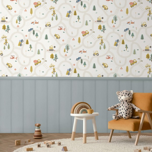 Papel de parede INFANTIL VEÍCULOS E ESTRADAS CREME 14080