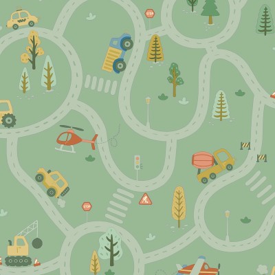 Papel de parede INFANTIL VEÍCULOS E ESTRADAS VERDE 14081