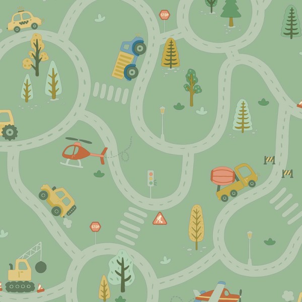 Papel pintado INFANTIL VEHÍCULOS Y CARRETERAS VERDE 14081