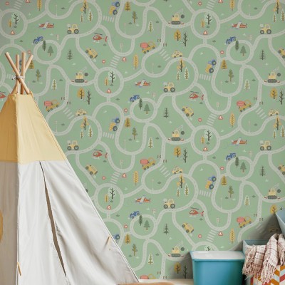 Papel de parede INFANTIL VEÍCULOS E ESTRADAS VERDE 14081 2