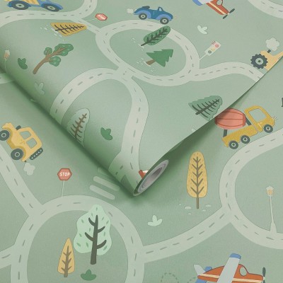 Papel pintado INFANTIL VEHÍCULOS Y CARRETERAS VERDE 14081