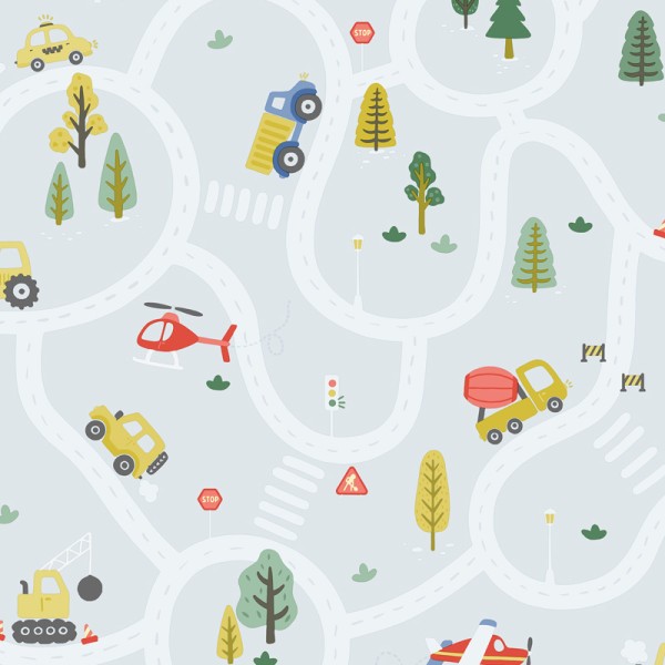 Papel pintado INFANTIL VEHÍCULOS Y CARRETERAS AZUL CLARO 14082