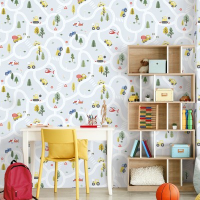 Papel de parede INFANTIL VEÍCULOS E ESTRADAS AZUL CLARO 14082 2