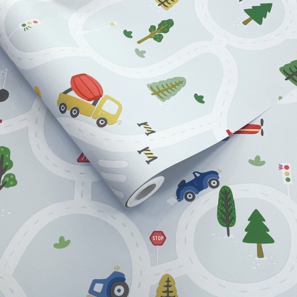 Paper pintat INFANTIL VEHICLES I CARRETERES BLAU CLAR 14082
