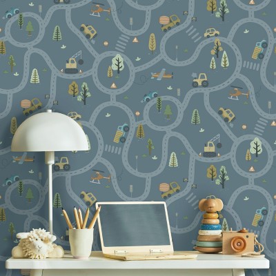 Papel pintado INFANTIL VEHÍCULOS Y CARRETERAS AZUL 14083 2