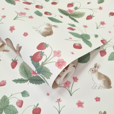 Papel de parede INFANTIL COELHOS E MORANGOS CREME 14140 Papel de parede INFANTIL COELHOS E MORANGOS CREME 14140