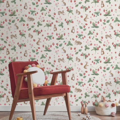 Papel de parede INFANTIL COELHOS E MORANGOS CREME 14140 2