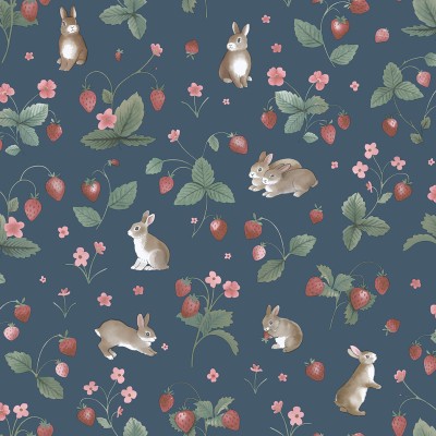 Papel de parede INFANTIL COELHOS E MORANGOS AZUL 14142