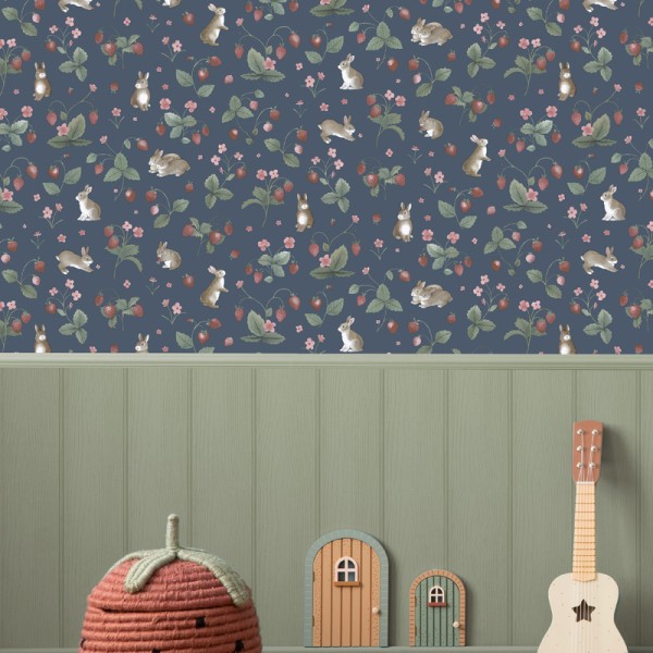 Papel pintado INFANTIL CONEJITOS Y FRESAS AZUL 14142