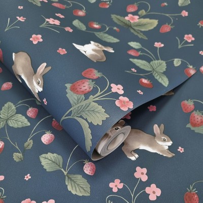 Papel pintado INFANTIL CONEJITOS Y FRESAS AZUL 14142
