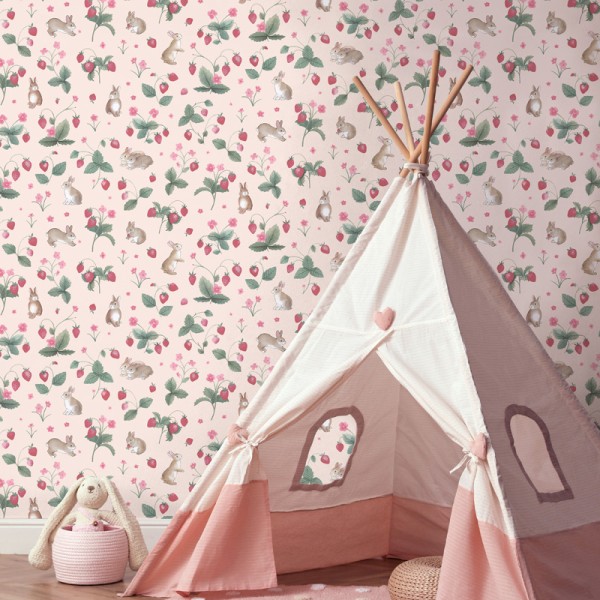 Papel pintado INFANTIL CONEJITOS Y FRESAS ROSA 14141 Papel pintado INFANTIL CONEJITOS Y FRESAS ROSA 14141