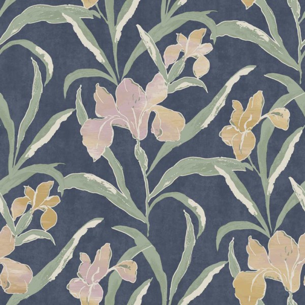 Paper pintat FLORS DE LLIRI LAVANDA I OCRE AMB BLAU MARÍ 2025