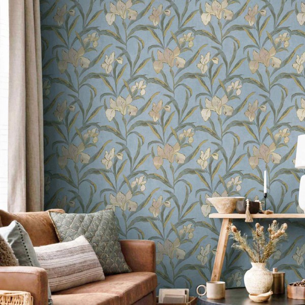 Papel pintado FLORES DE LIRIO BEIGE OSCURO CON AZUL 2024