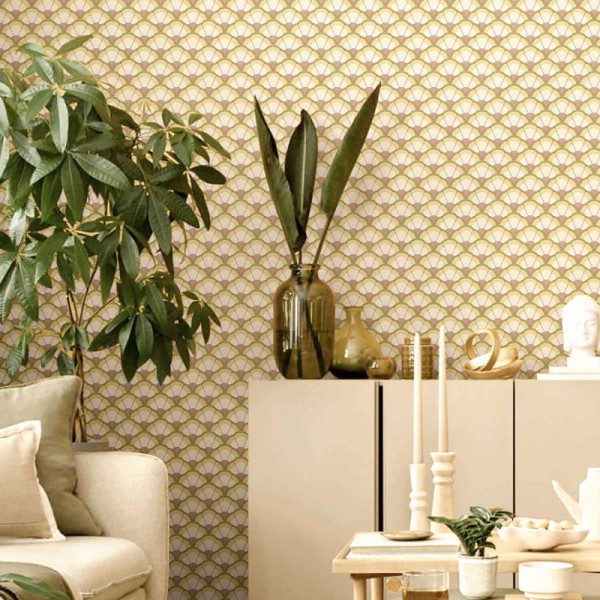 Papel de parede CONCHAS ART DECO ROSA E VERDE 2041