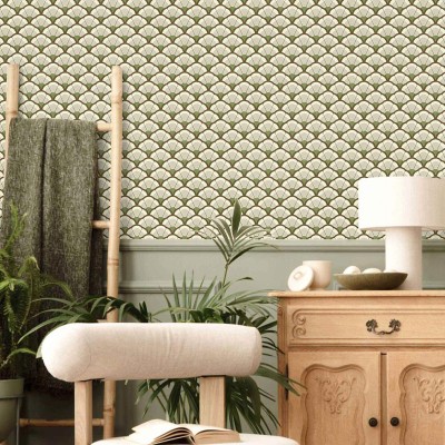 Papel de parede CONCHAS ART DECO VERDE E MARROM 2043