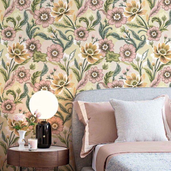 Papel pintado FLORES VINTAGE ROSADO Y NARANJA CON VERDE 2012