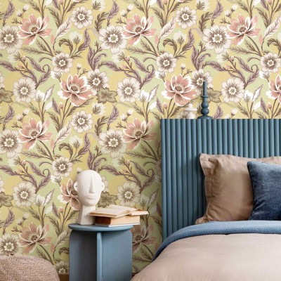 Papel pintado FLORES VINTAGE LAVANDA Y ROSA CON AMARILLO 2011 2