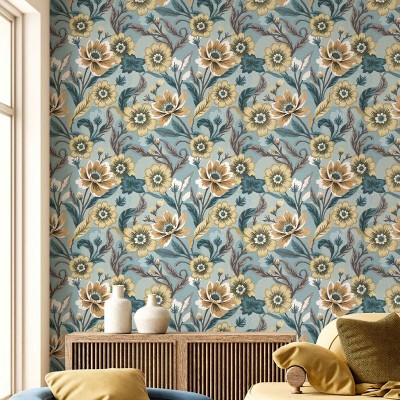 Papel de parede FLORES VINTAGE BEGE E MARROM COM AZUL 2014 2