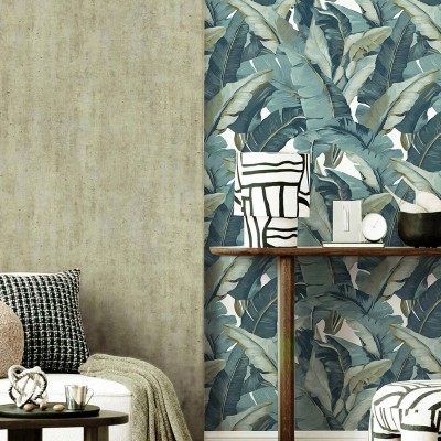 Papel de parede FOLHAS BANANEIRA EFEITO TECIDO AZUL 2007