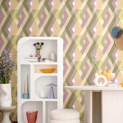 Papel pintado ROMBOS ENTRELAZADOS VERDE Y LAVANDA 2031