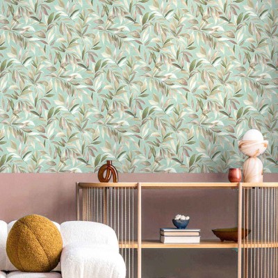 Papel pintado HOJAS DE OLIVO MARRÓN ROJIZO Y VERDE AGUA 2003