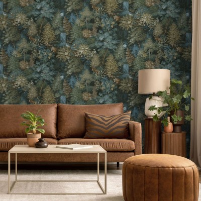 Papel pintado BOSQUE MÍSTICO MARRÓN Y TURQUESA 14150