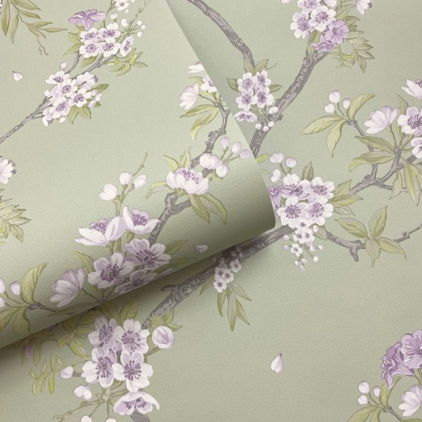 Papel pintado FLORES Y RAMAS SAKURA VERDE 14210