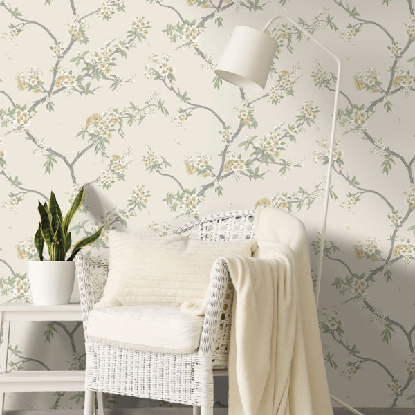 Paper pintat FLORS I BRANQUES SAKURA OCRE AMB CREMA 14212