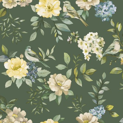 Papel de parede JARDIM FLORAL COM PÁSSAROS VERDE 14191