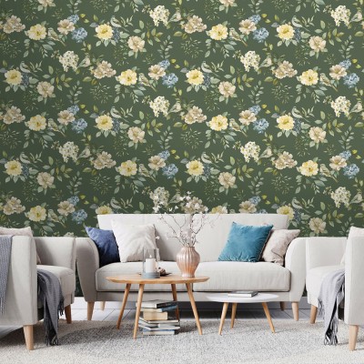 Papel de parede JARDIM FLORAL COM PÁSSAROS VERDE 14191 2