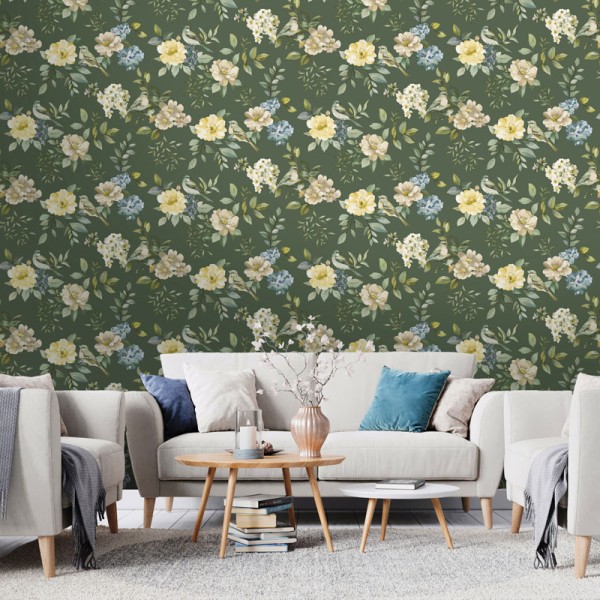 Papel pintado JARDÍN FLORAL CON PÁJAROS VERDE 14191