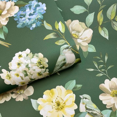 Papel de parede JARDIM FLORAL COM PÁSSAROS VERDE 14191