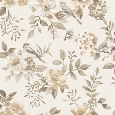 Papel de parede JARDIM FLORAL COM PÁSSAROS MARROM 14190