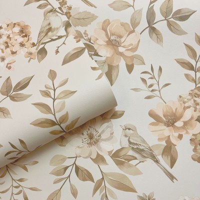 Papel de parede JARDIM FLORAL COM PÁSSAROS MARROM 14190