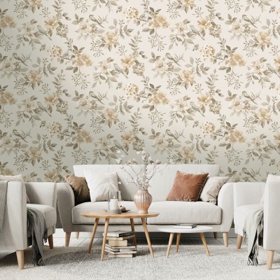 Papel pintado JARDÍN FLORAL CON PÁJAROS MARRÓN 14190