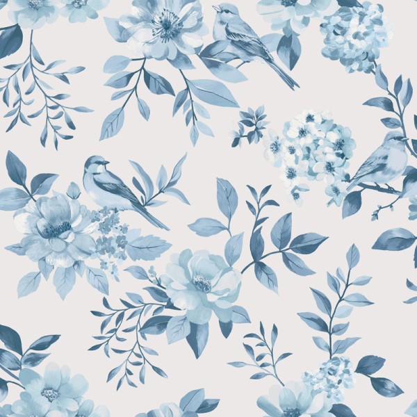 Papel de parede JARDIM FLORAL COM PÁSSAROS AZUL 14193