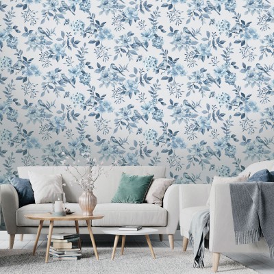 Papel de parede JARDIM FLORAL COM PÁSSAROS AZUL 14193 2