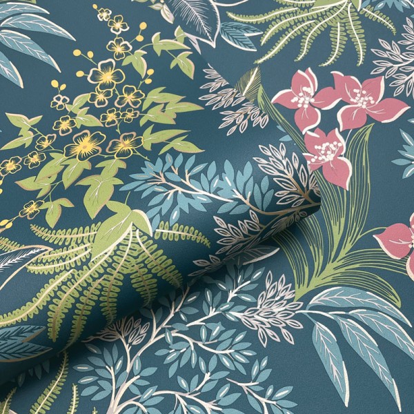 Papel pintado BOTÁNICO FLORAL AZUL MARINO, VERDE Y ROJIZO 14220