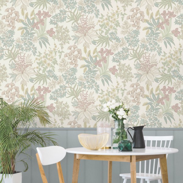 Papel pintado BOTÁNICO FLORAL AZUL, VERDE Y ROSA PASTEL 14221