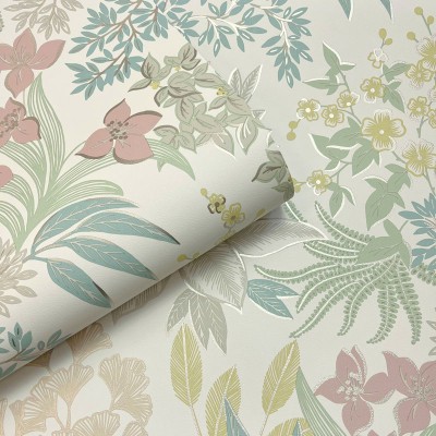 Papel pintado BOTÁNICO FLORAL AZUL, VERDE Y ROSA PASTEL 14221