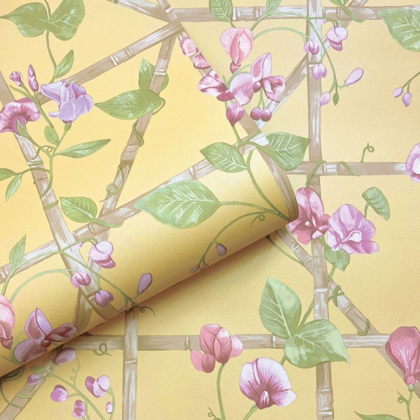 Papel de parede FLORES TREPADEIRAS ROSA E VERDE COM OCRE 14201