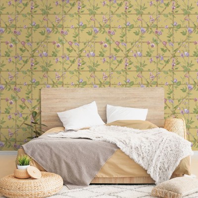 Papel de parede FLORES TREPADEIRAS ROSA E VERDE COM OCRE 14201