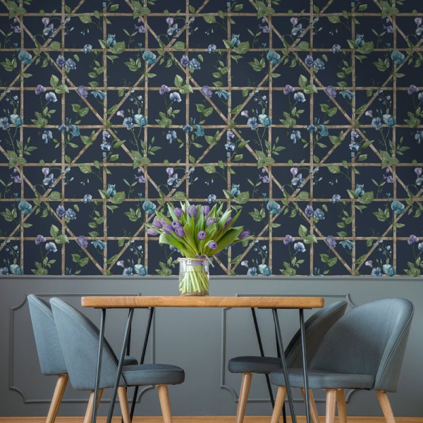 Papel de parede FLORES TREPADEIRAS VERDE E AZUL MARINHO 14202