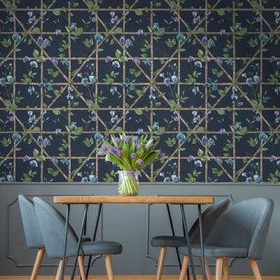 Papel de parede FLORES TREPADEIRAS VERDE E AZUL MARINHO 14202