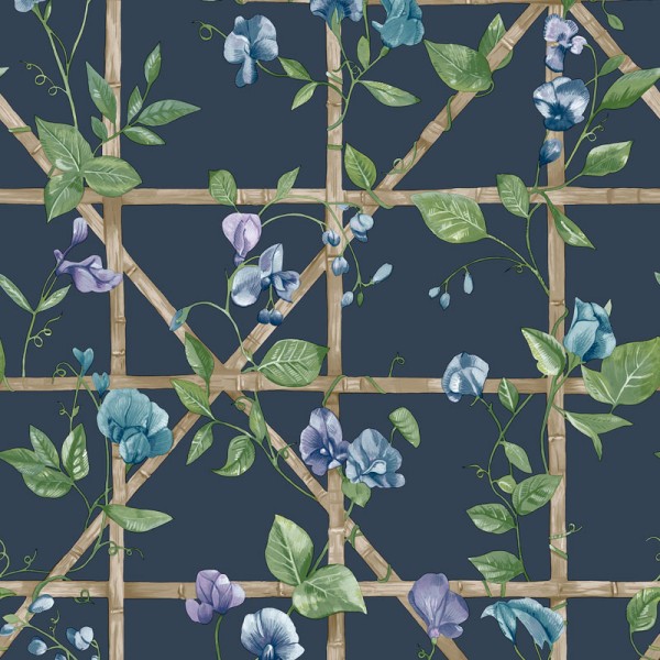 Papel pintado FLORES TREPADORAS VERDE Y AZUL MARINO 14202