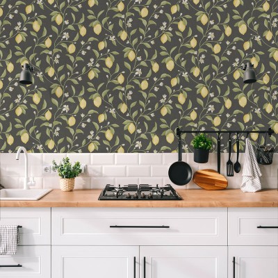 Papel pintado JARDÍN DE LIMONES FONDO NEGRO GRAFITO 3854-5 2
