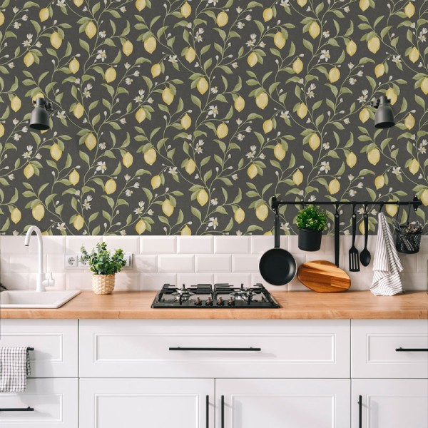 Paper pintat JARDÍ DE LLIMONES FONS NEGRE GRAFIT 3854-5