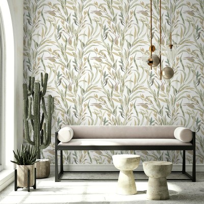 Papel pintado HOJAS TROPICALES VERDE SALVIA Y TONOS TIERRA 88963