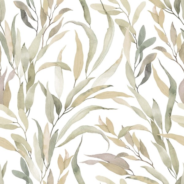 Papel pintado HOJAS TROPICALES VERDE SALVIA Y TONOS TIERRA 88963